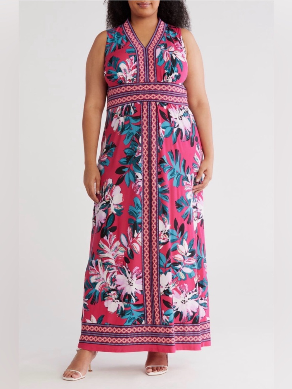 London Times V Neck Border Print Sleeveless Jersey Pink Floral Maxi Dress
